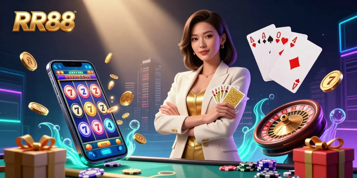 Experience the thrill of RR88 with an elegant Asian woman holding golden cards amidst glamorous casino elements.