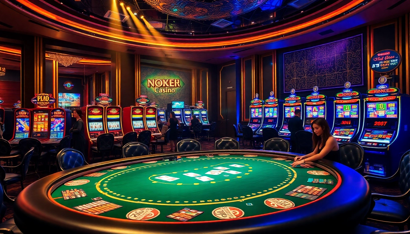 Nohu90 gaming experience featuring luxurious poker tables and vibrant slot machines for a thrilling atmosphere.