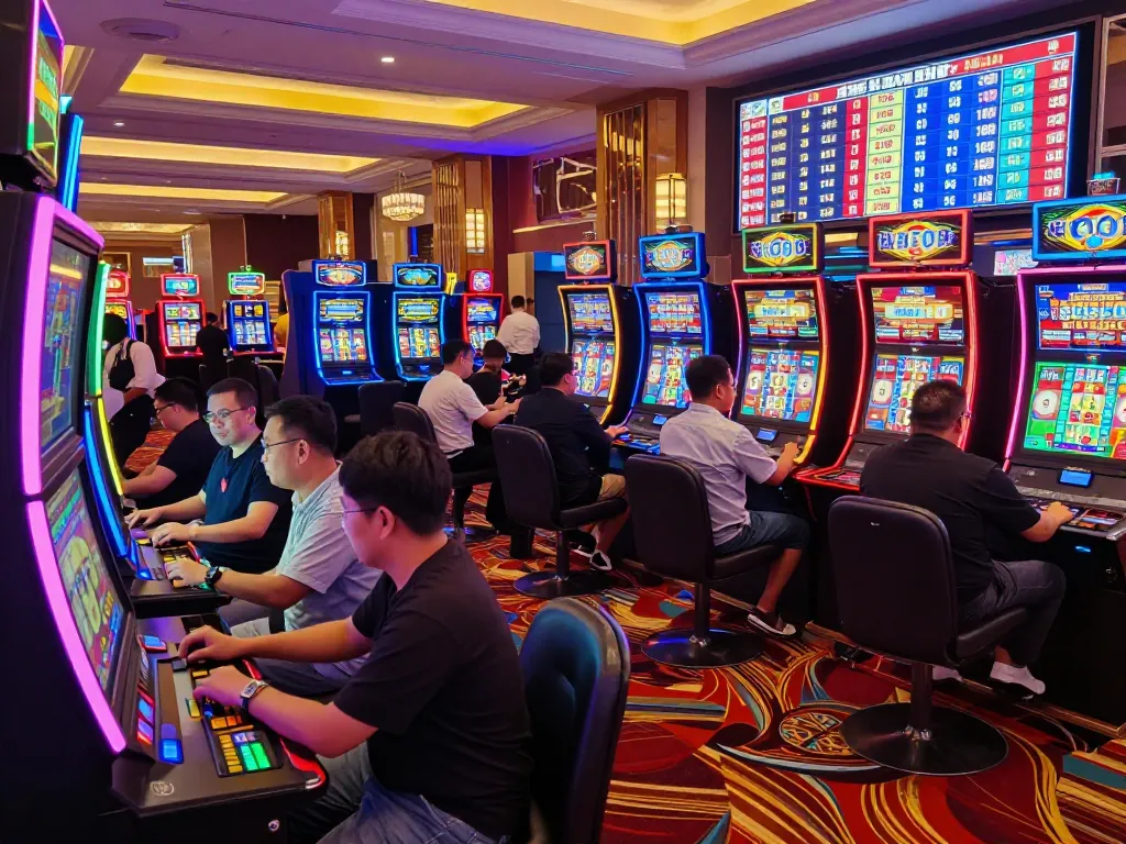 Engaging players enjoying thrilling slot jepang games on vibrant casino floor with colorful machines lighting up the area.