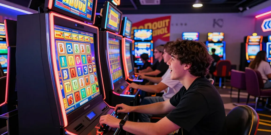 Engaging slot deposit 1000 scene with excited player at vibrant gaming machine.