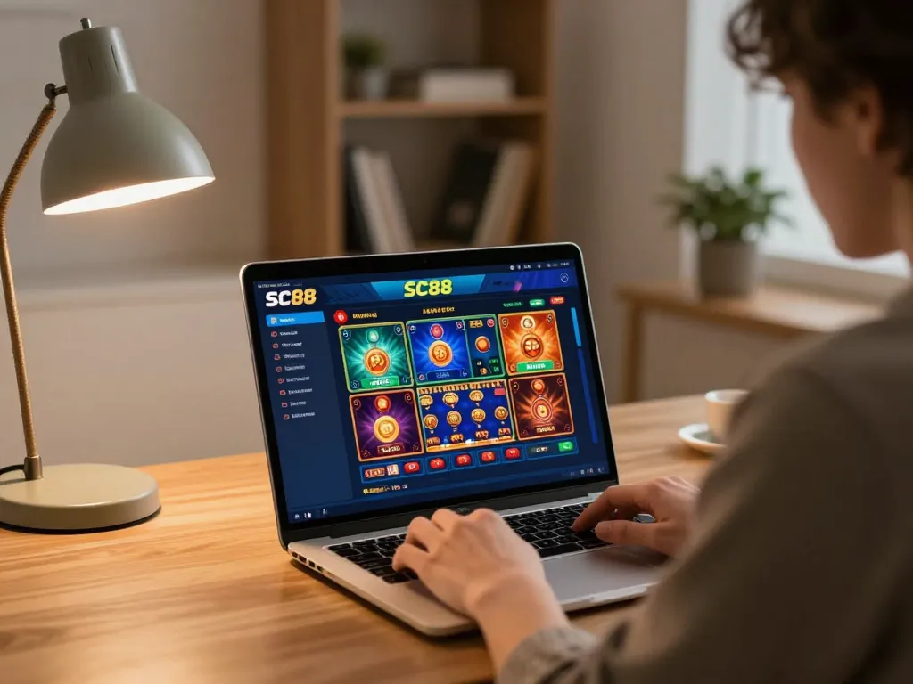 Engaged player using SC88 online casino app on laptop with warm home lighting.