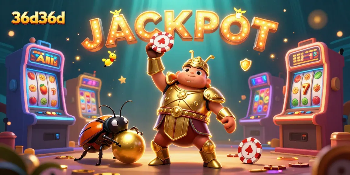 Experience thrilling jackpots with 36d36d featuring a cartoon hercules beetle celebrating casino wins.