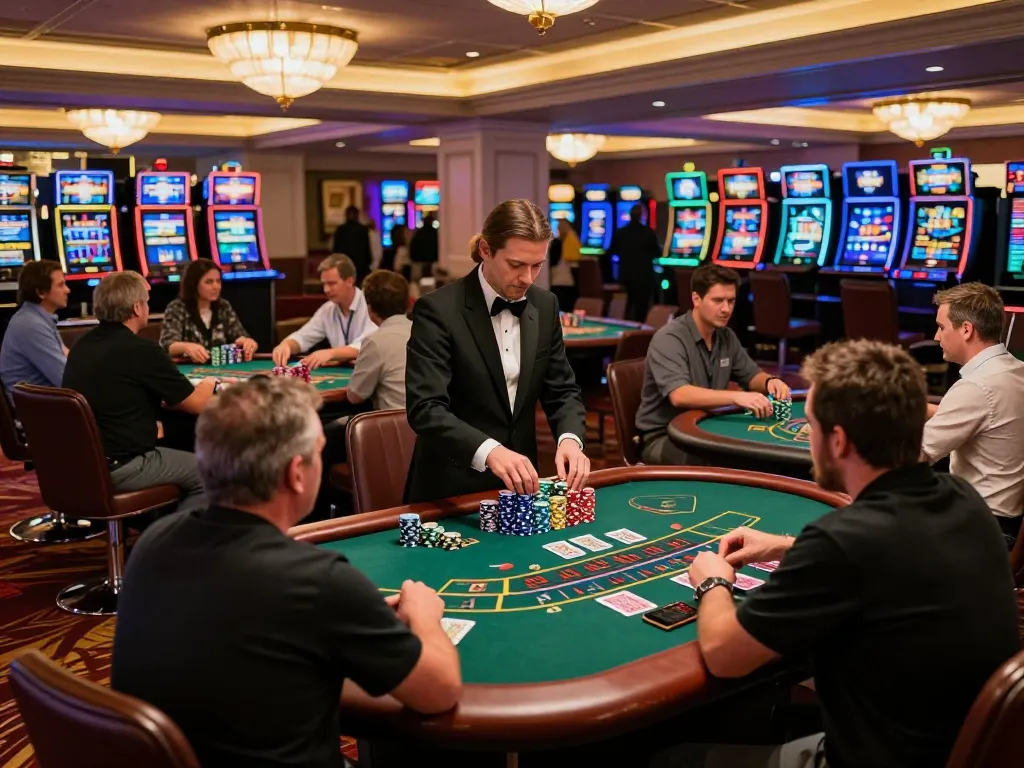 Players engaging in strategic blackjack betting at MB66 casino, colorful chips stacked high, vibrant atmosphere
