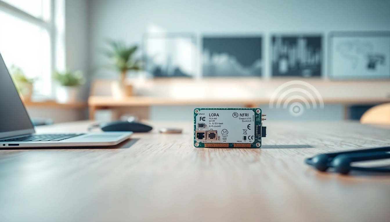 Showcasing a LoRa module on a desk with tools, highlighting its connectivity features and design.