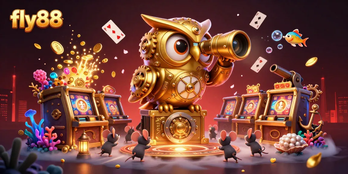 Experience the excitement of fly88 with a vibrant scene of a golden owl surveying a bustling casino.