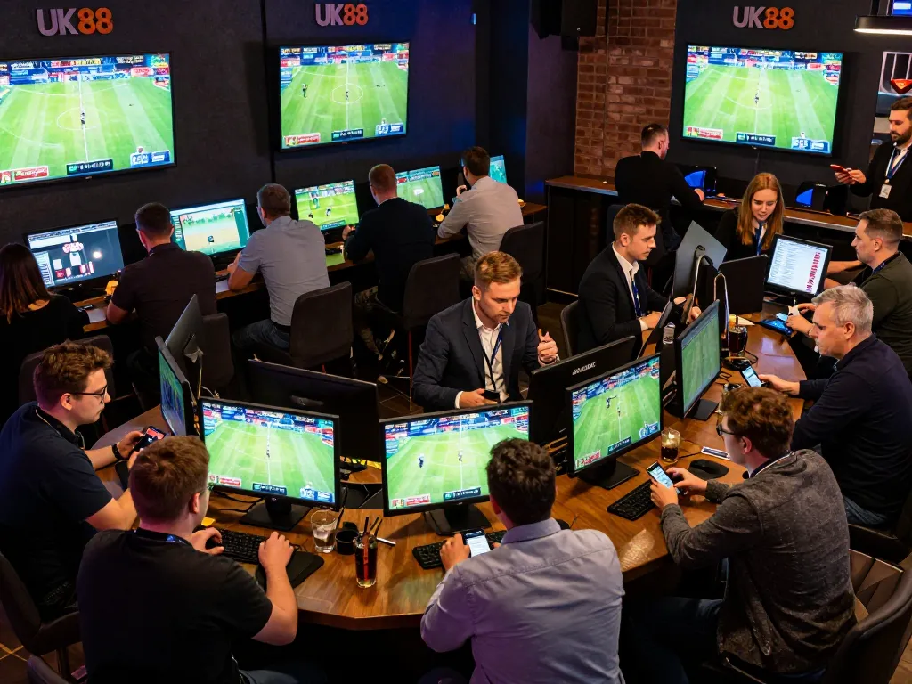 Exciting sports betting event at UK88 with bettors engaging on mobile devices and screens