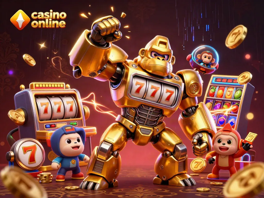 Juega en un casino online fiable con la emoción de un gorila mecánico y símbolos de tragamonedas.