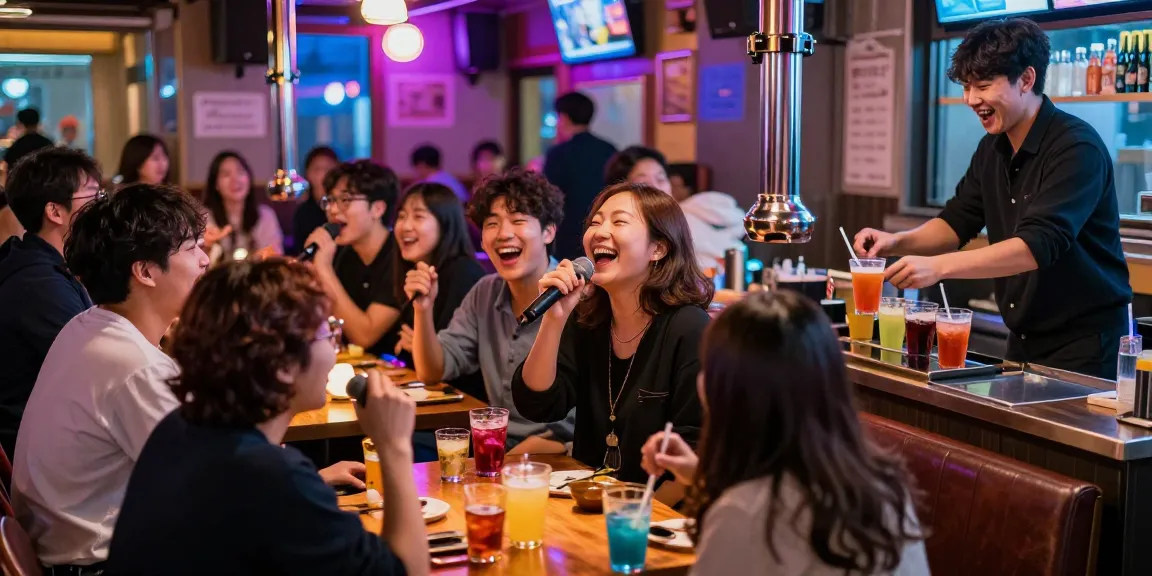 Enjoy vibrant 제주유흥 culture in lively karaoke bar atmosphere with friends singing and colorful drinks.
