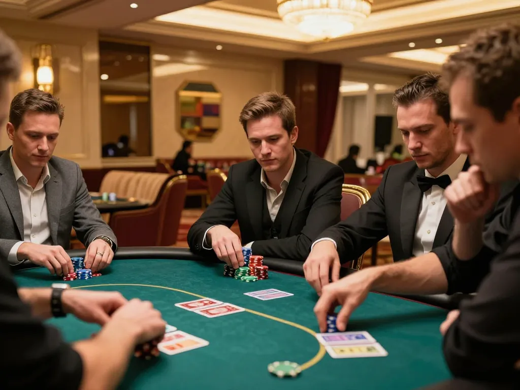 b52 club players strategizing at poker table in luxurious casino atmosphere