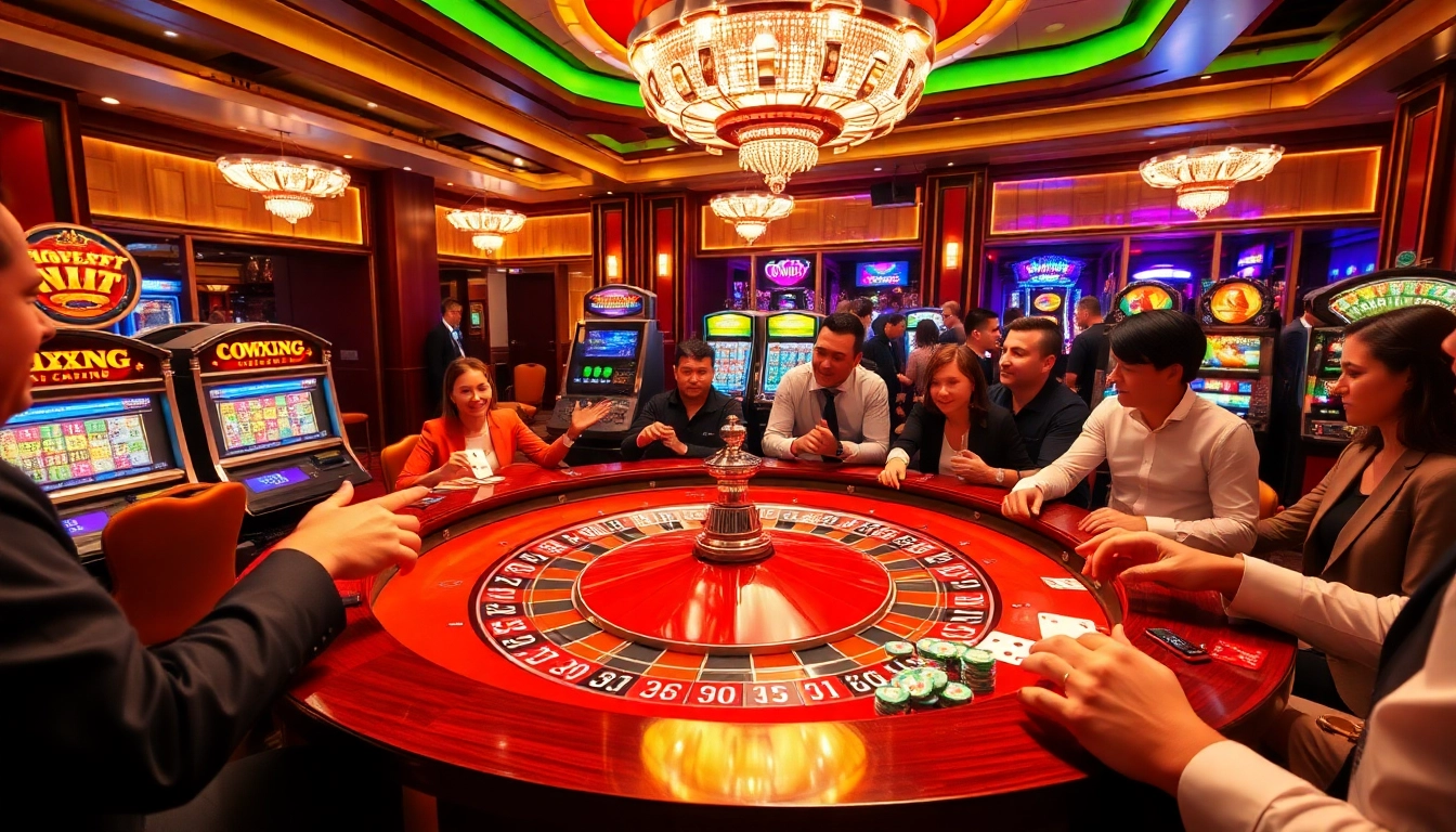 Exciting gaming action at 789bet casino with roulette and slot machines showcased in a luxurious environment.