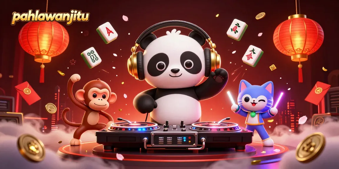 Pahlawanjitu showcases a lively casino scene with a DJ panda, dancing monkey, and rave kitten.