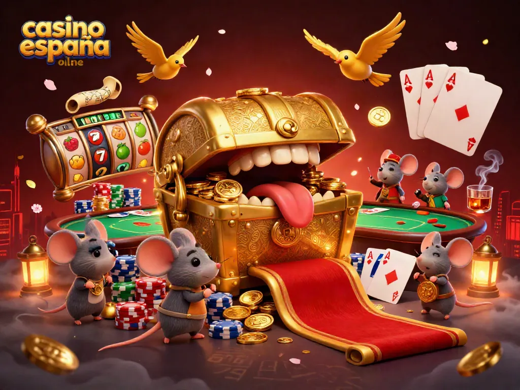 Juega en casino España online con un cofre del tesoro dorado y tragamonedas dinámicas en una vívida ilustración 3D.