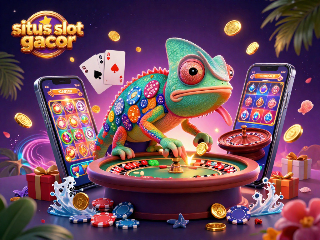 situs slot gacor showcasing a lively casino scene with a colorful chameleon dealer and exciting game elements