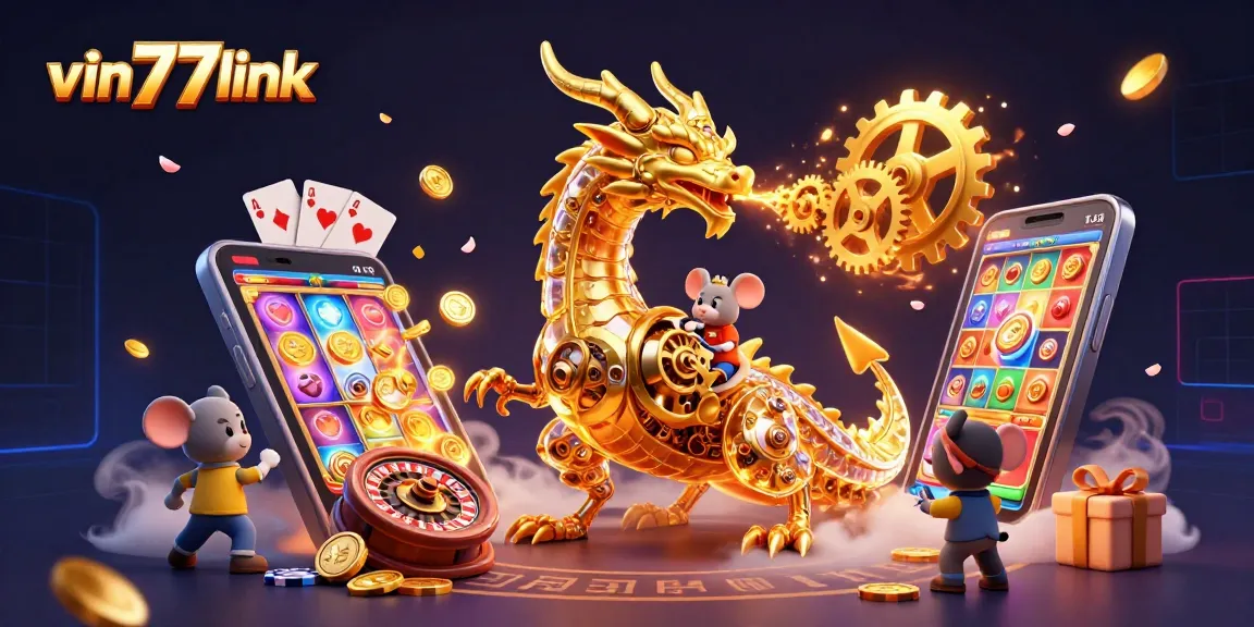 Experience the thrill of vin777link with a golden dragon and engaging casino elements in a vibrant scene.