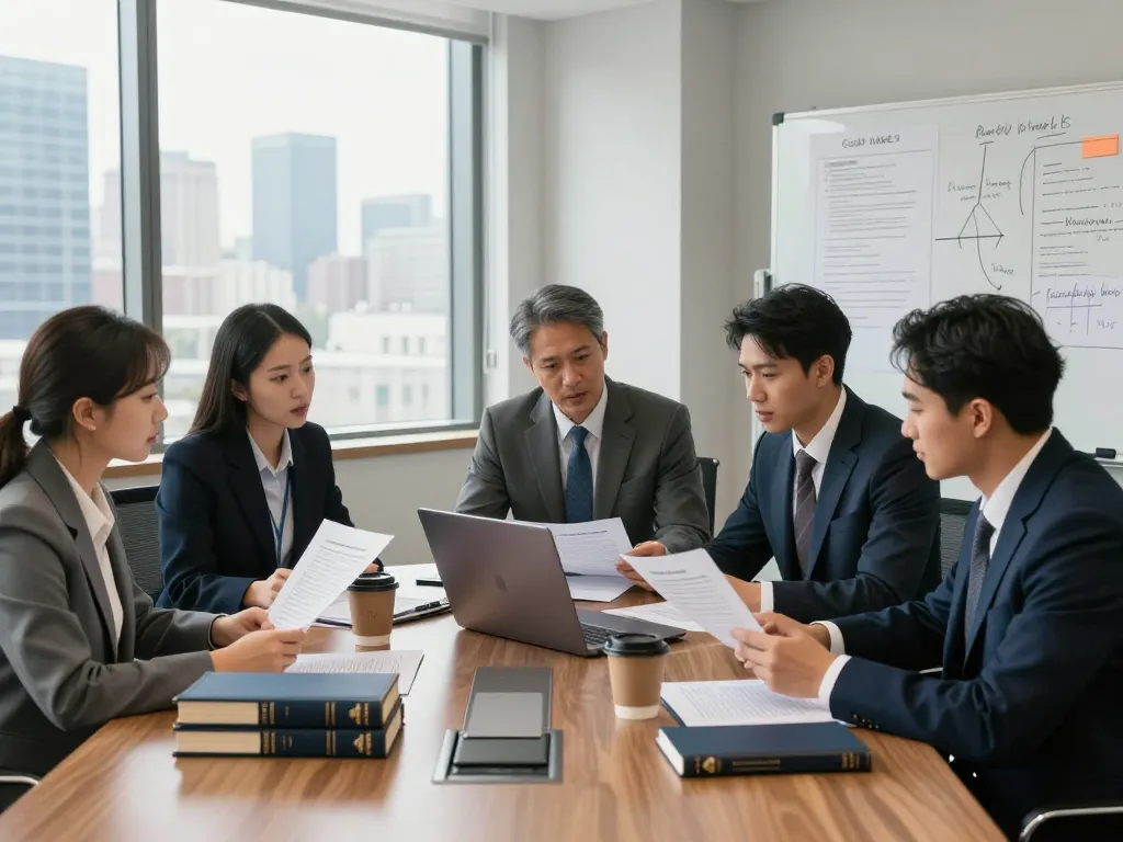 Attorneys in USA discussing case strategies in a modern legal office environment.