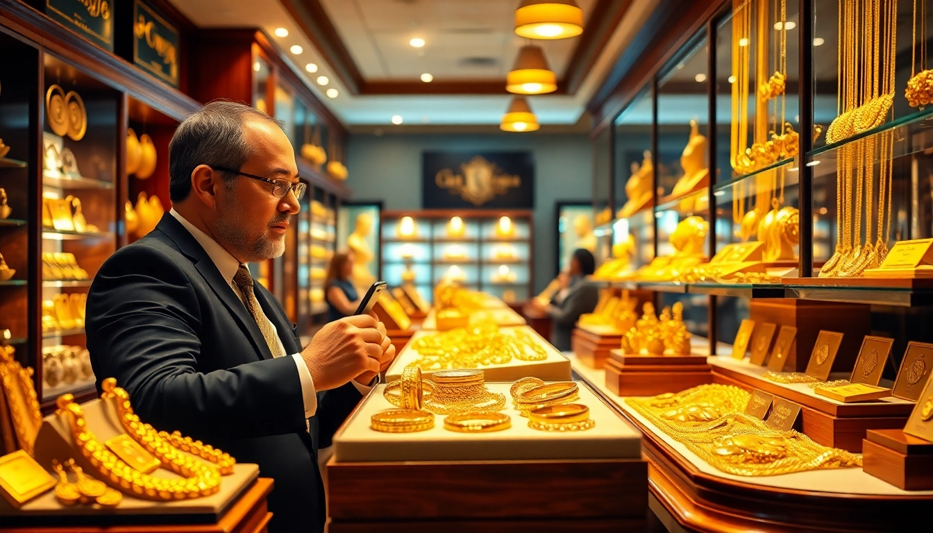 Explore Goldankauf in der Nähe with a professional gold buyer displaying shiny gold jewelry.