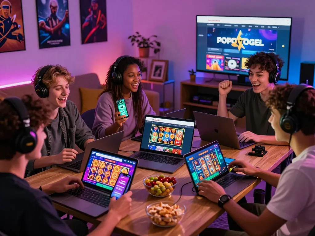 Friends enjoying games on POPOTOGEL, a leading online gaming platform, in a vibrant living room setting.