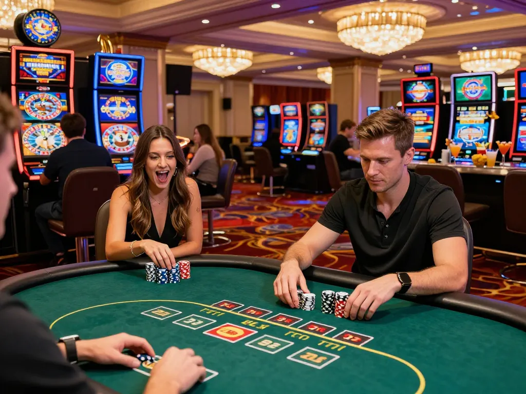 Exciting gaming scene at https://32win.agency/ with diverse players enjoying poker, roulette, and slots, showcasing the vibrant casino atmosphere.