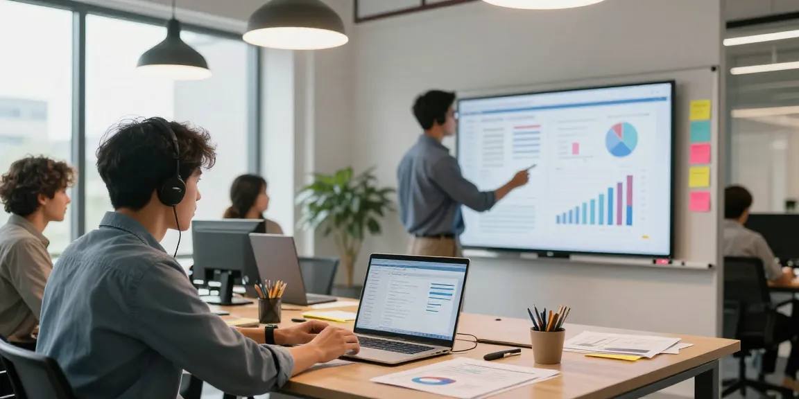 IT support small business team in a vibrant office working together on technology solutions.