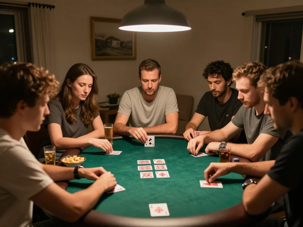 situs slot poker game in a cozy home setting with friends analyzing cards