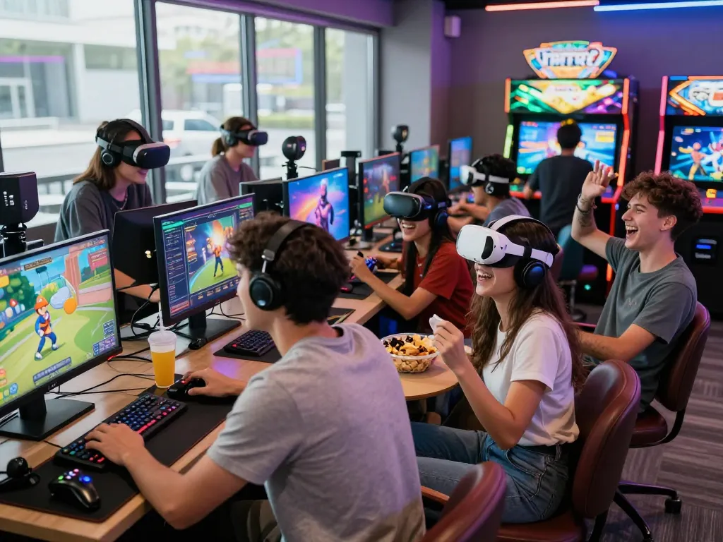 Friends enjoying gaming together at www.mantra88.com arcade, vibrant atmosphere with snacks and tech.