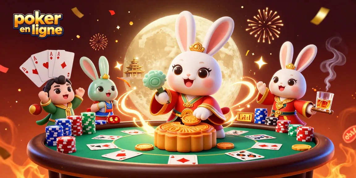 Venez essayer le poker en ligne avec des jetons de poker et une ambiance festive sous la lune.
