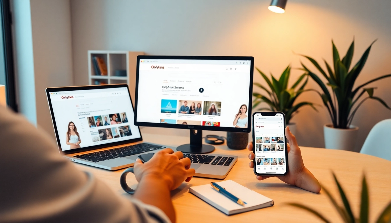 OnlyFans Search interface displayed on devices in a modern workspace, highlighting user engagement and privacy.