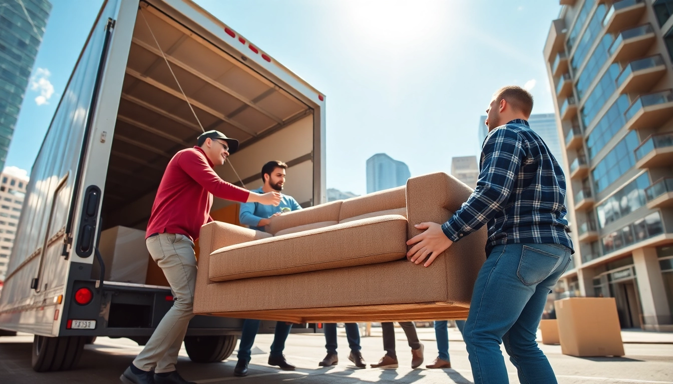 Calgary movers efficiently loading furniture into a truck while showcasing teamwork in a bright urban setting.