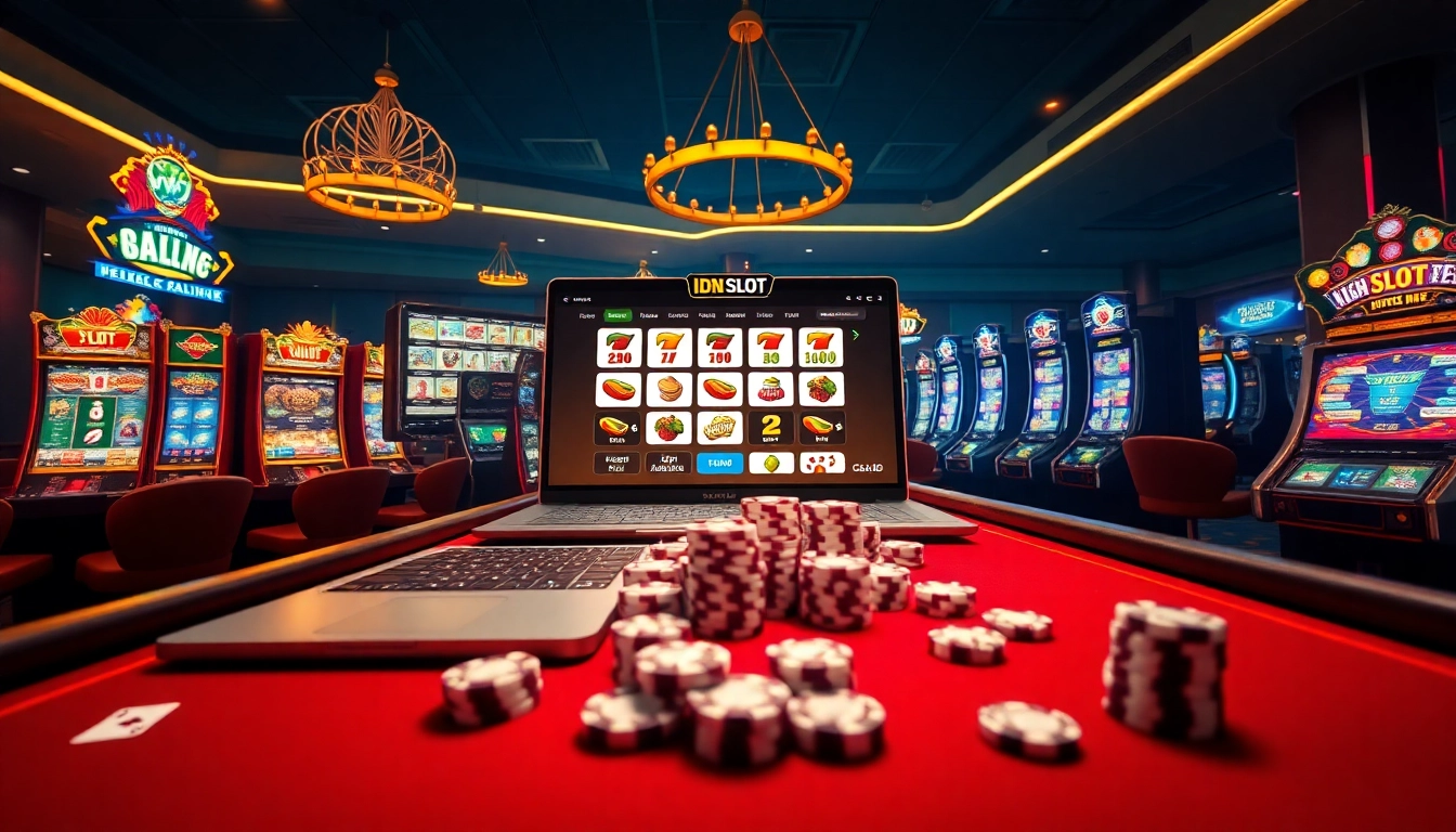 IDN Slot players enjoying a vibrant online gaming experience with colorful slot machines and poker chips.