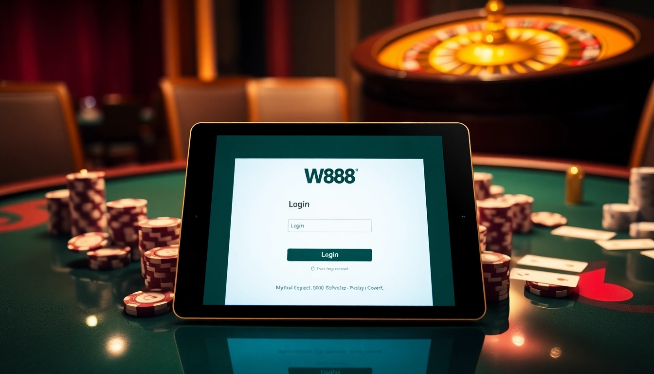 Experience seamless w88 login on a luxurious casino tablet amidst vibrant gaming elements.