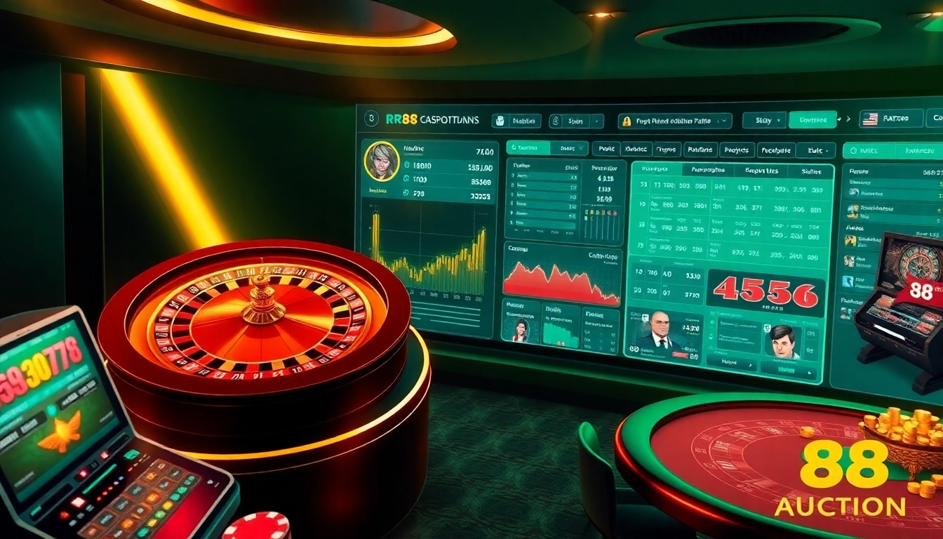 Experience excitement at RR88 Auction with professional gaming elements, including casino tables and betting stats.