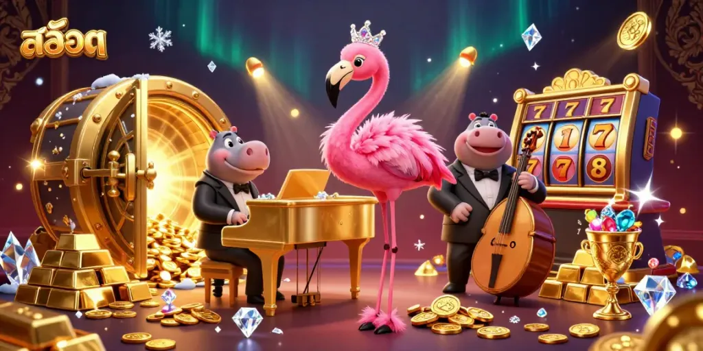 Spin the reels of สล็อต in a vibrant 3D casino scene filled with treasures and lively characters.