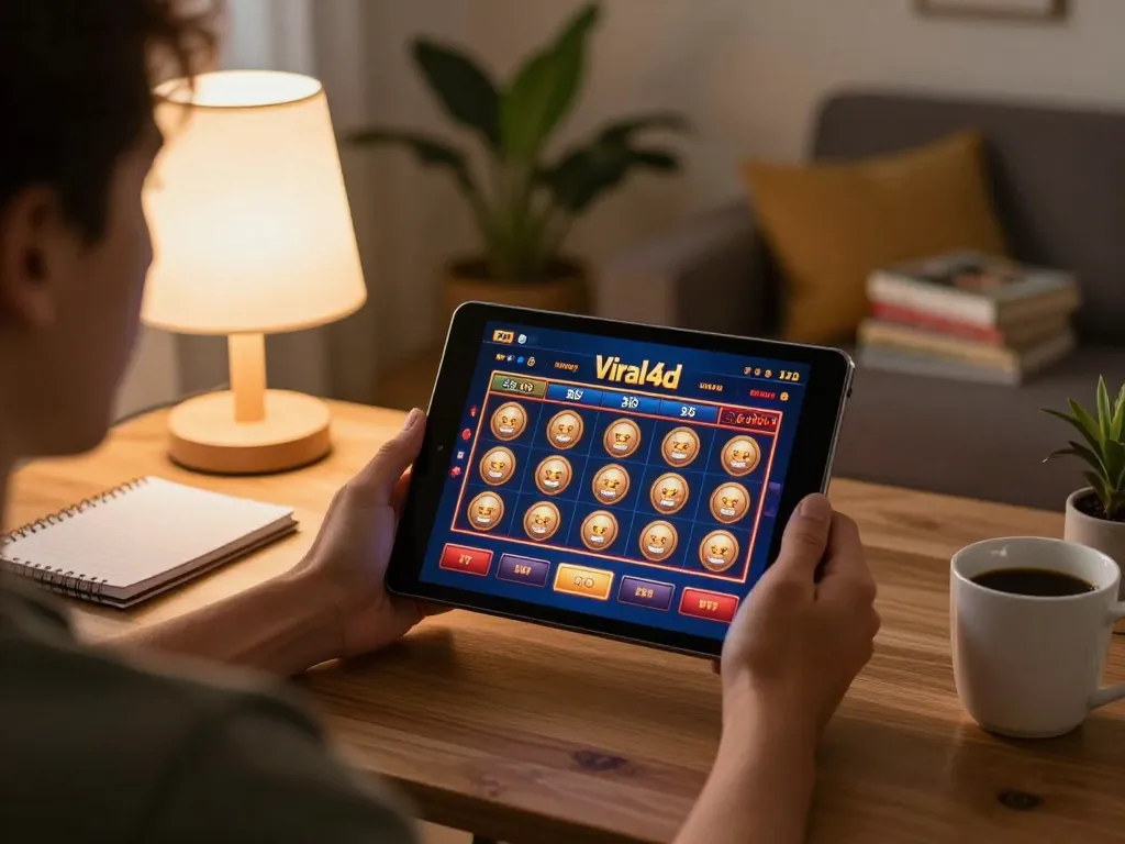 Player engaged with viral4d slot game on tablet in a comfortable living room setting.