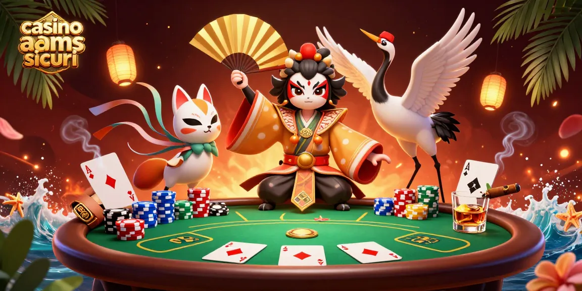 Illustrazione 3D di un guerriero kabuki e una maschera kitsune ai tavoli, casino non AAMS sicuri.