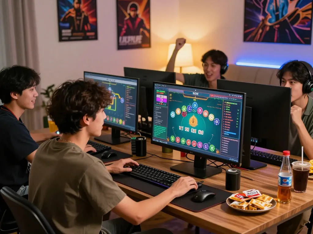 Exciting scene of friends enjoying tài xỉu online gaming together, highlighting digital graphics and vibrant atmosphere.