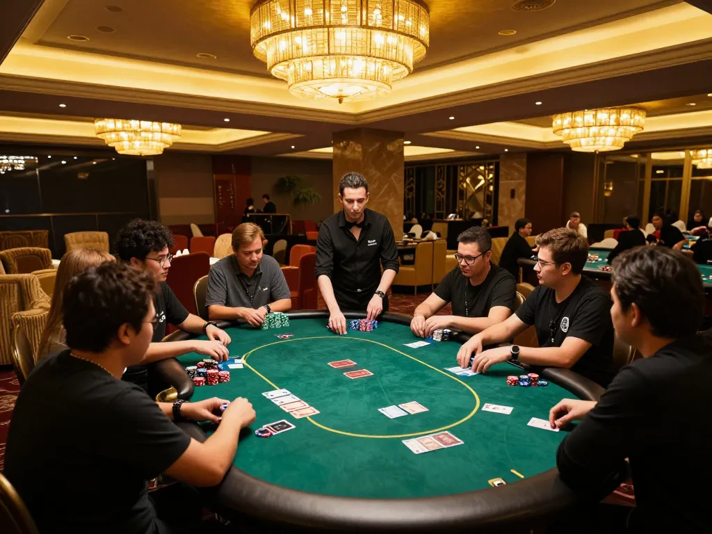 Players strategizing at a VIP poker table in a luxurious casino with giường bệnh nhân elements represented metaphorically through care in gaming.