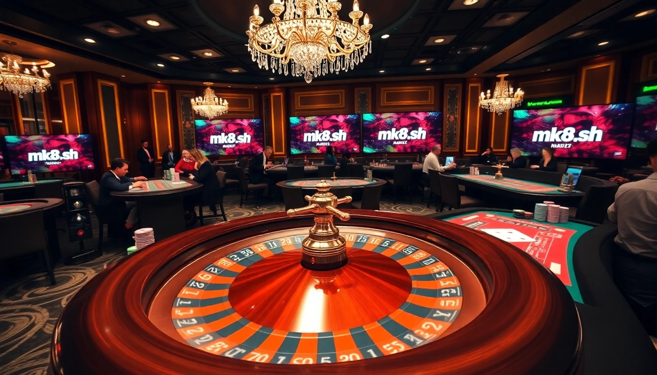 Players engaging at the stylish casino with https://mk8.sh/ prominently featured and exciting games in play.