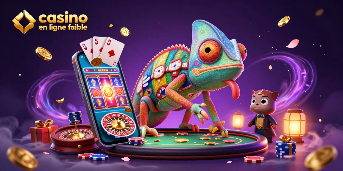 Visualisez une scène animée de casino en ligne fiable avec un caméléon et des éléments de jeu dynamiques.