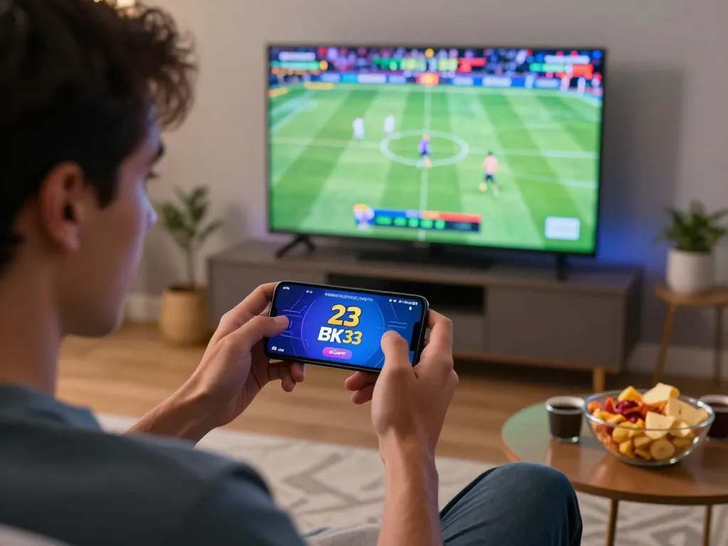 Player enjoying live sports betting on a smartphone while watching BK33 event in cozy living room.