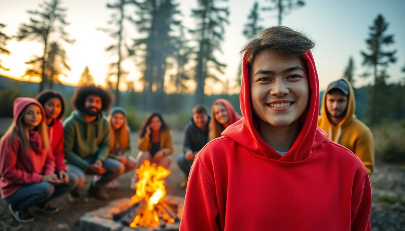 Group of friends enjoying the outdoors in colorful blank hoodies around a campfire.