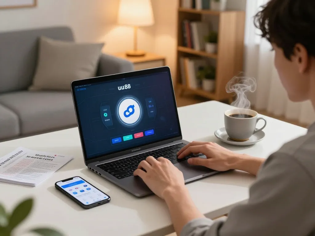 Player enjoying uu88 online gaming experience with laptop and strategy notes in cozy home setting