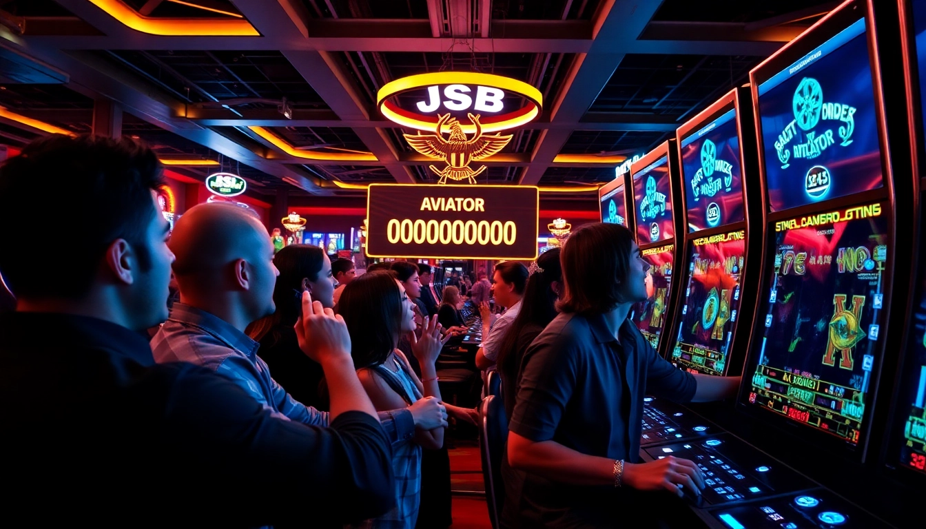 Players enjoying the JSB Aviator game, experiencing excitement under vibrant casino lights.