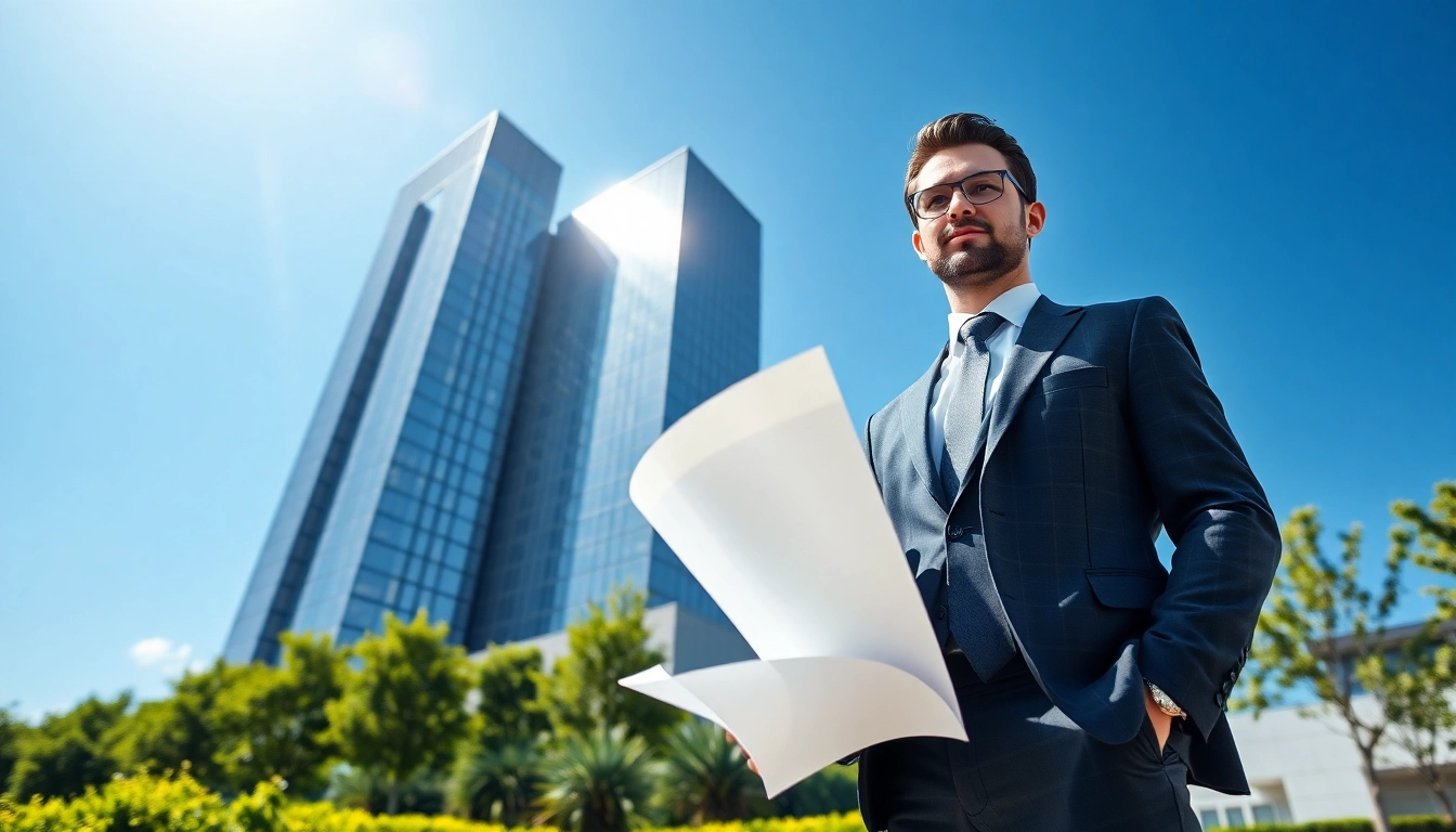 Real Estate Developer stands with blueprints before a modern skyscraper to symbolize industry success.