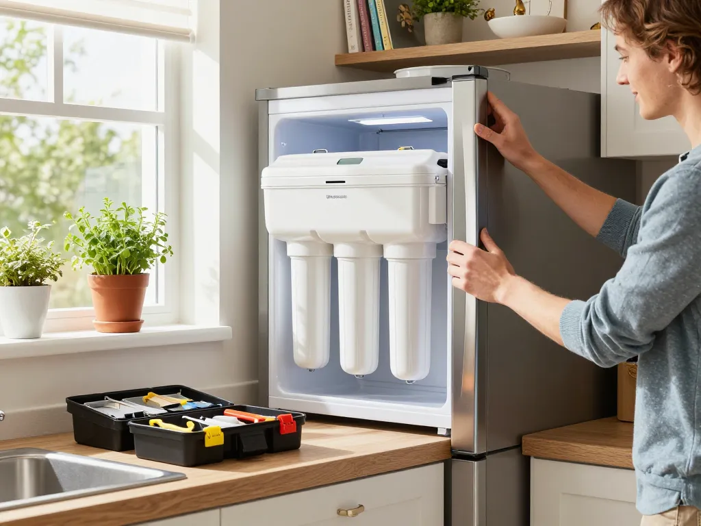 Installing Waterspecialist DA29-00003G Refrigerator Water Filter in a sunny kitchen.
