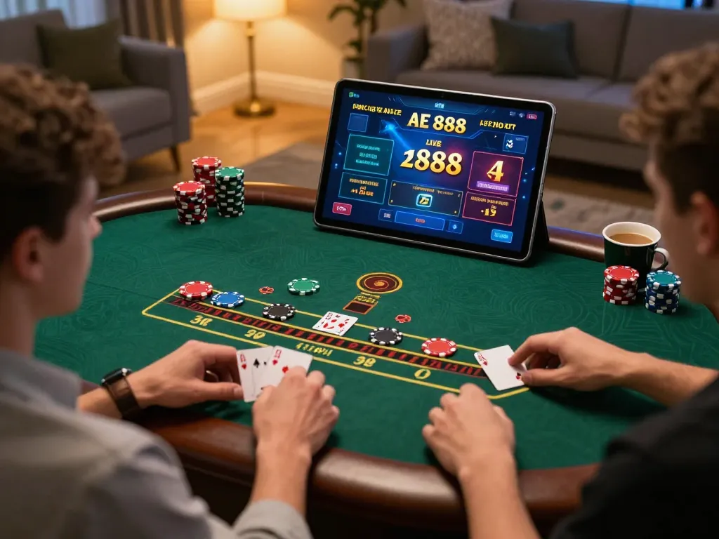 Engaged player experiencing AE 888's online blackjack in a cozy home setting.