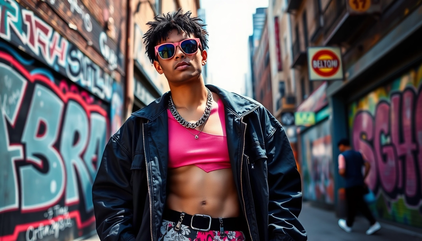 Explore modernstreet fashion trends in an energetic urban setting with vibrant street art.