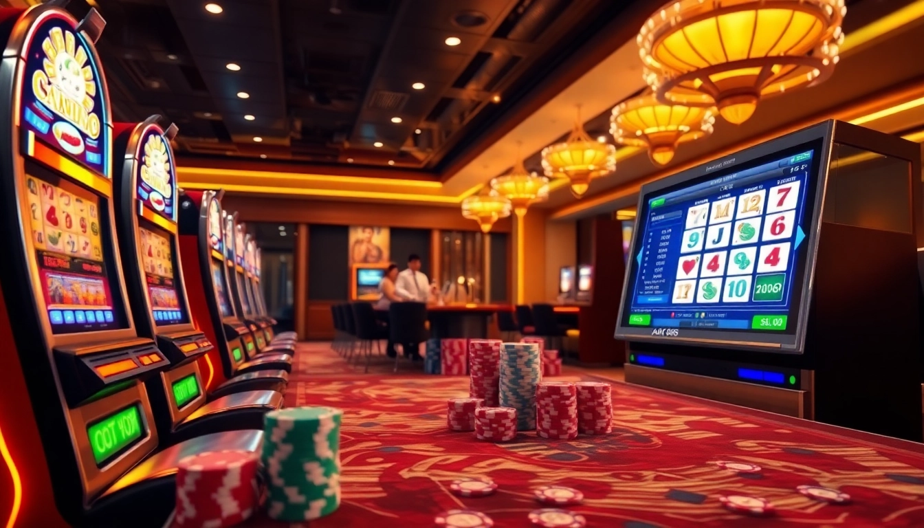 Experience the thrill of slot pulsa as players engage with vibrant slot machines and casino games.