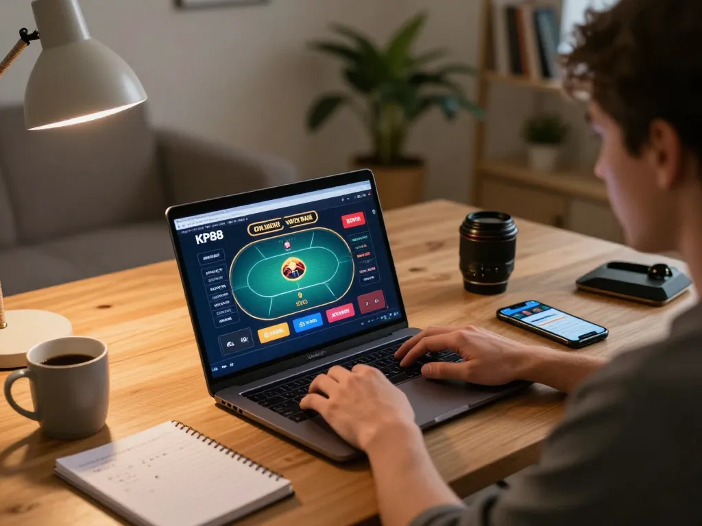 Player enjoying KP88 online casino gaming on a laptop with strategic notes and warm ambiance