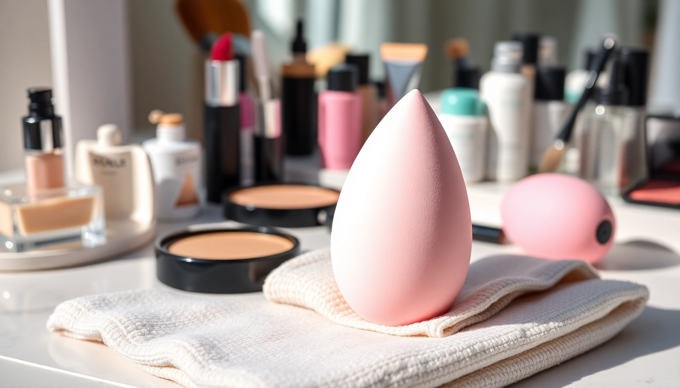 Apply flawless makeup with a silicone beauty blender showcased on a chic vanity.