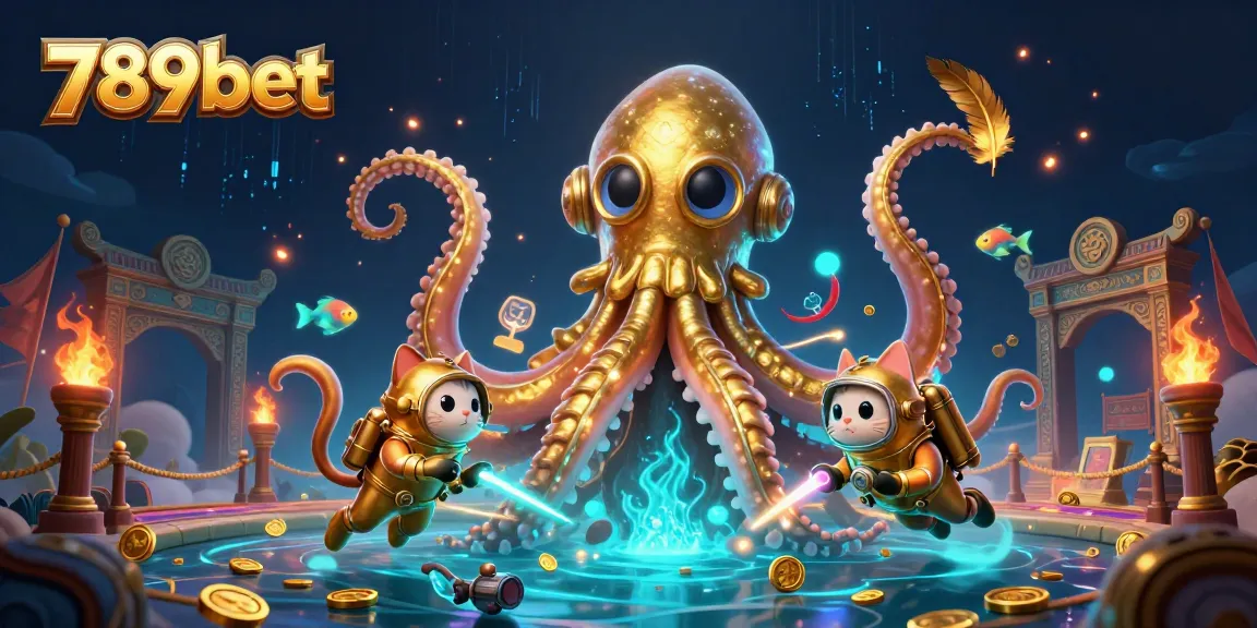 Experience thrilling moments with 789bet as the kraken and diving cat battle amidst treasure in this dynamic casino scene